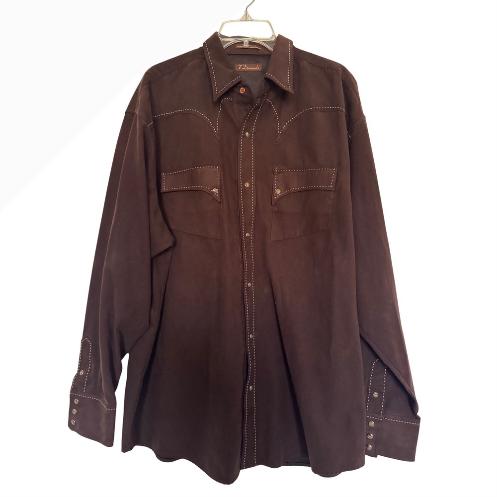 7 Diamonds Mens Western Shirt Brown Faux Suede Contrast Stitch Pearl Snap XL